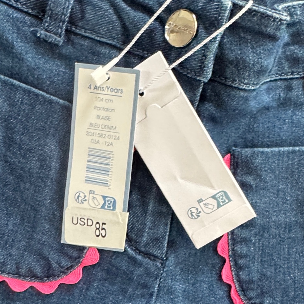 Jacadi Paris Blue Jeans with Pink Trim Ruffle Pocket Detail - Picture 4 of 15